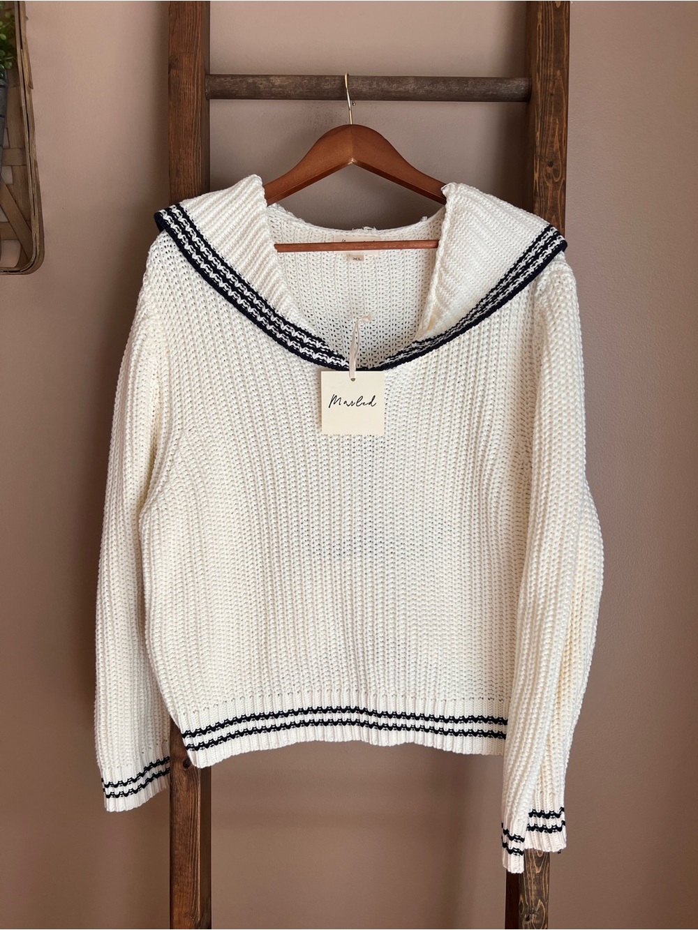 Marled Cream Knit Sailor Sweater with Navy Trim